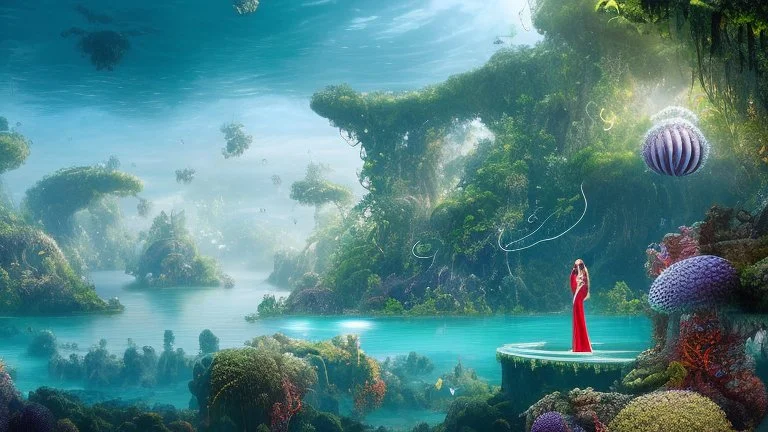 Detailed matte painting of a wide-angle shot of a woman, standing on the left side of the shot, with dark hair in a silver robotic catsuit, many large floating jellyfish with octopus tentacles, alien jungle trees in the distance, with an alien beach and lake