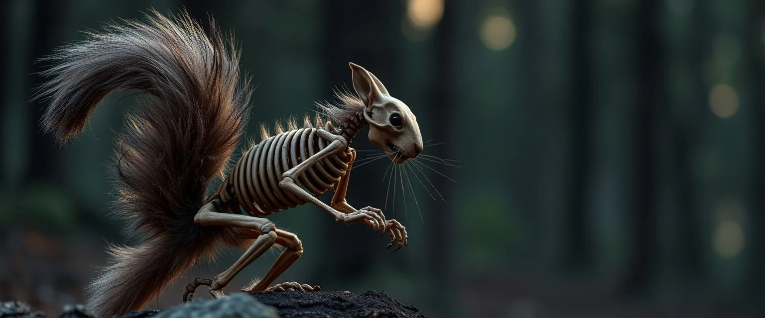 radiant ninja wooden werewolf squirrel Skeleton with fluffy fur, motion blur background dark forest