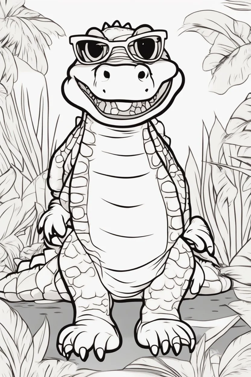 Outline art for cute coloring pages with crocodile with glasses, full body, white background, sketch style, only use outline, clean line art, no shadows and clear and well outlined.