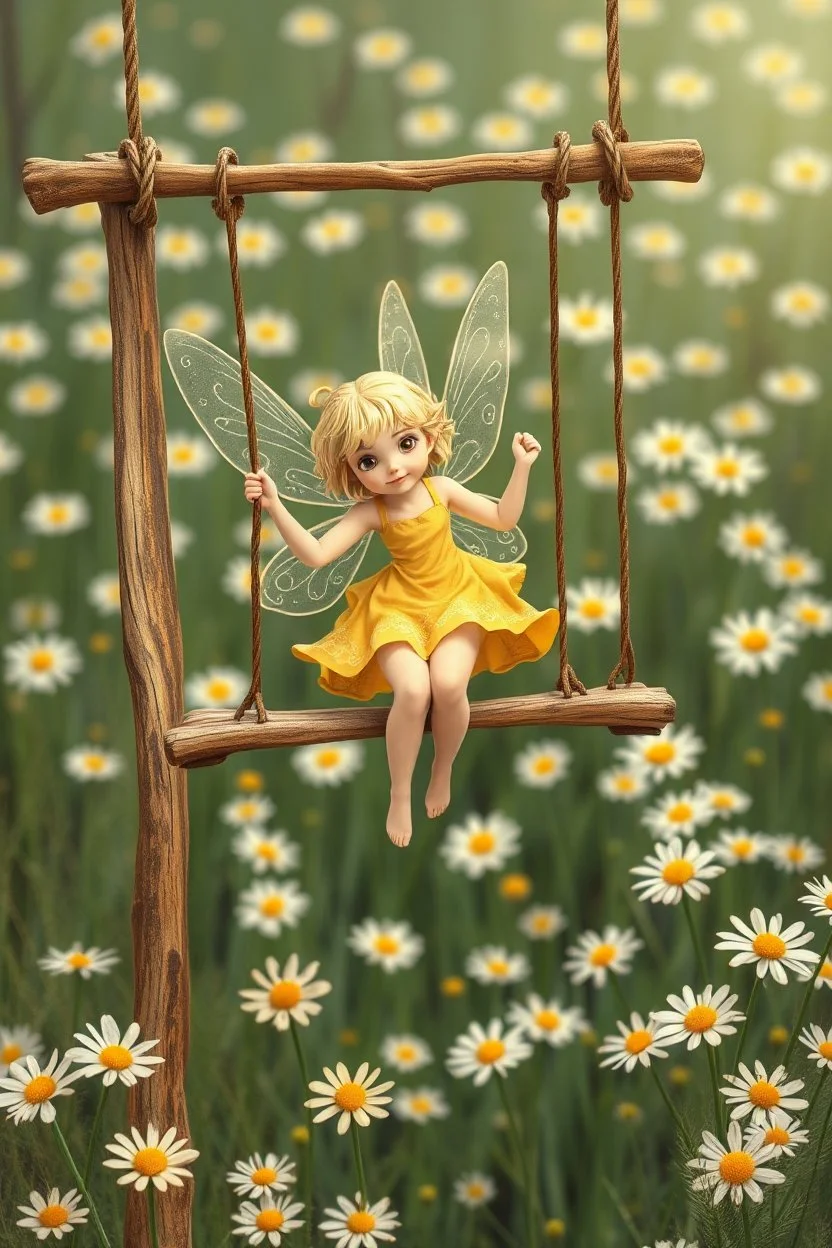 A blonde fairy in a short yellow dress playing on a swing, many daisies in the background of the image
