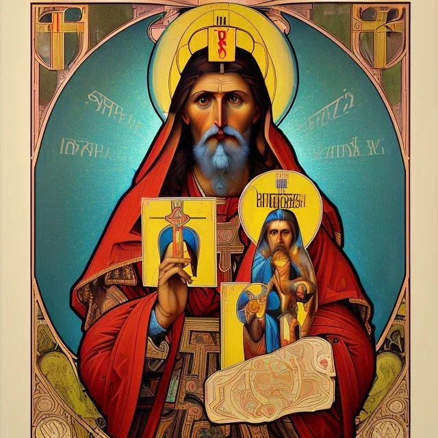 patron of photographers holding a camera in one hand and film roll in the other. orthodox icon with saint photographer. Cyrillic inscriptions. hyperdetailed, Alphonse Mucha, Zdzisław Beksiński, poster, illustration, ink, oil on canvas, 18th century atlas