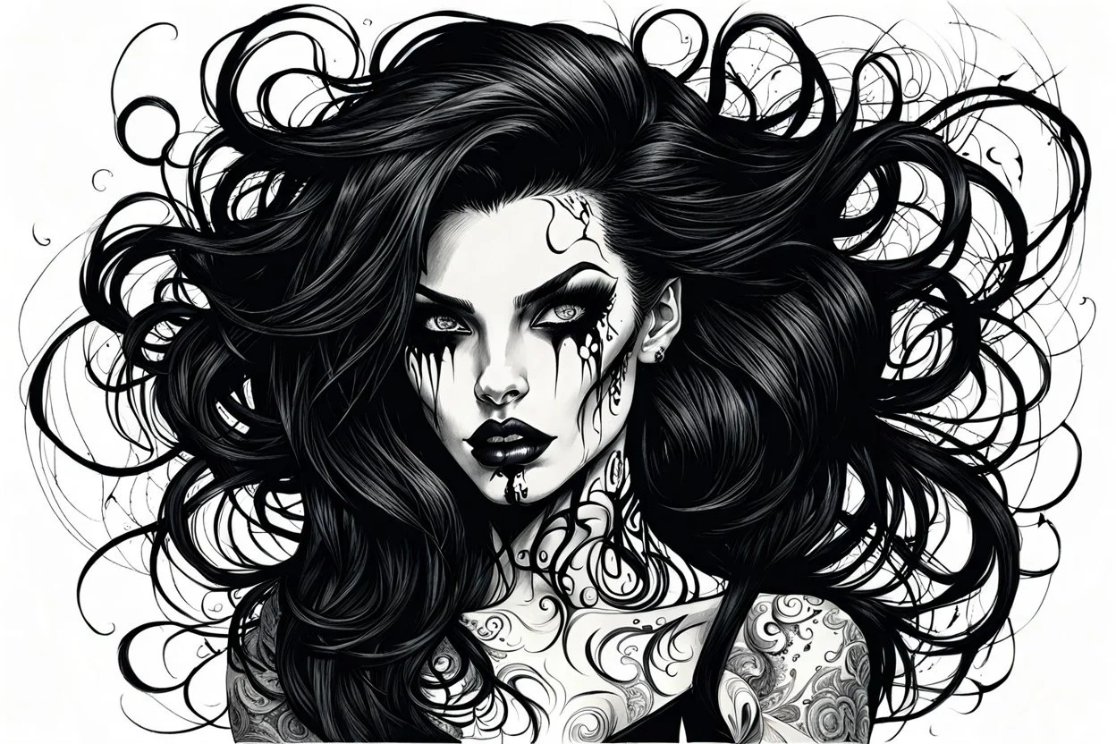 create a disturbing horror full body sketch of a dark haired, savage, gothpunk vampire girl with highly detailed , sharply defined hair and facial features set against a swirling chaotic background, precisely drawn, inked, with dramatic edges,