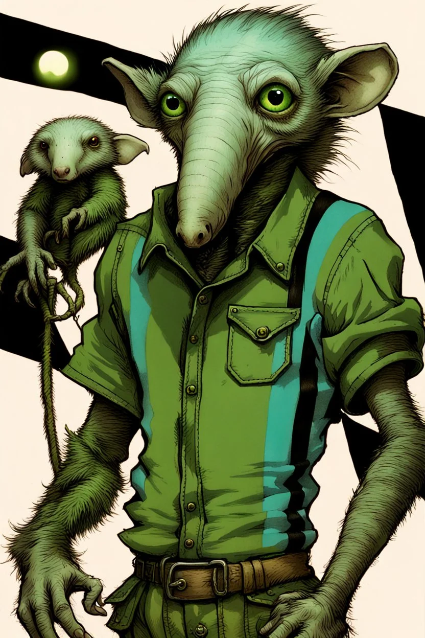 Artist Jean-Baptiste Monge style. A old biomorph male humanoid with Anteater face. Bright eyes. A green and blue striped outfit. Modifiers: Tim Burton Craig Rutkowski Modifiers:neon glowing Iridescent black ink