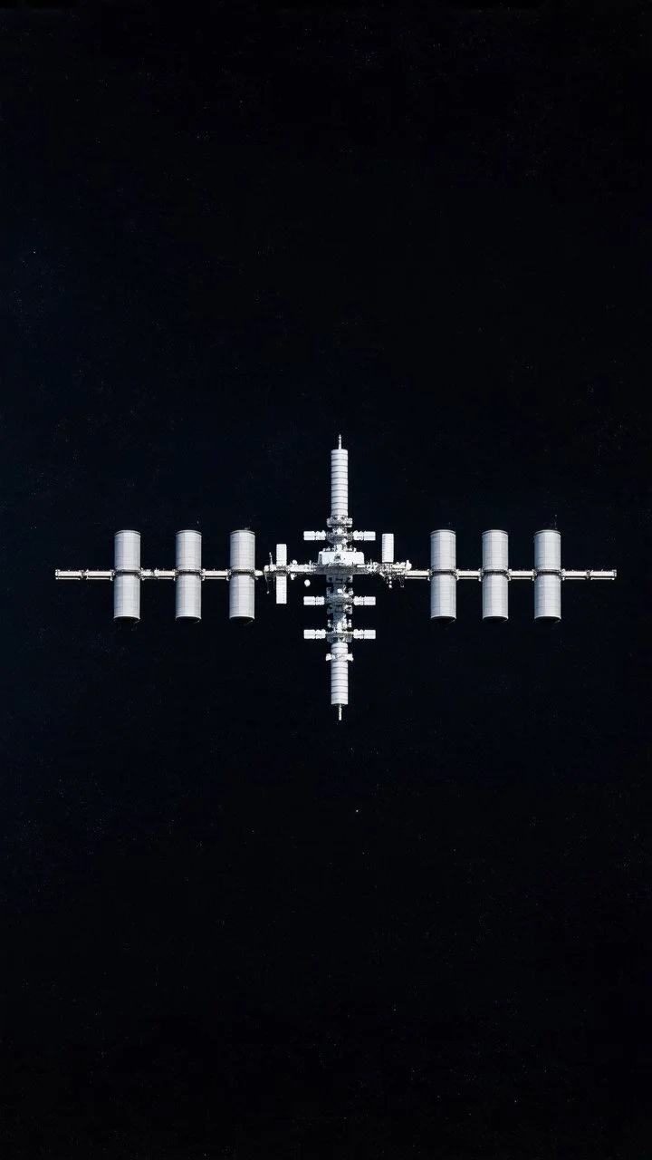 Huge space station, looking like oil drums in a line in the blackness of space