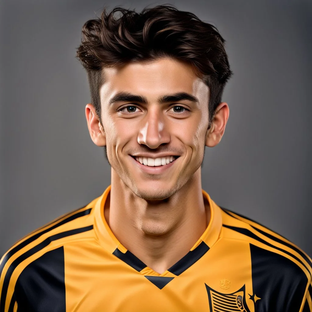 85mm DSLR color photography of a very detailed headshot fitting all of head and hair in frame. 21-year-old Argentine soccer player, and with no facial hair and has no facial hair ,has short and black hairwith a small smile, grey background