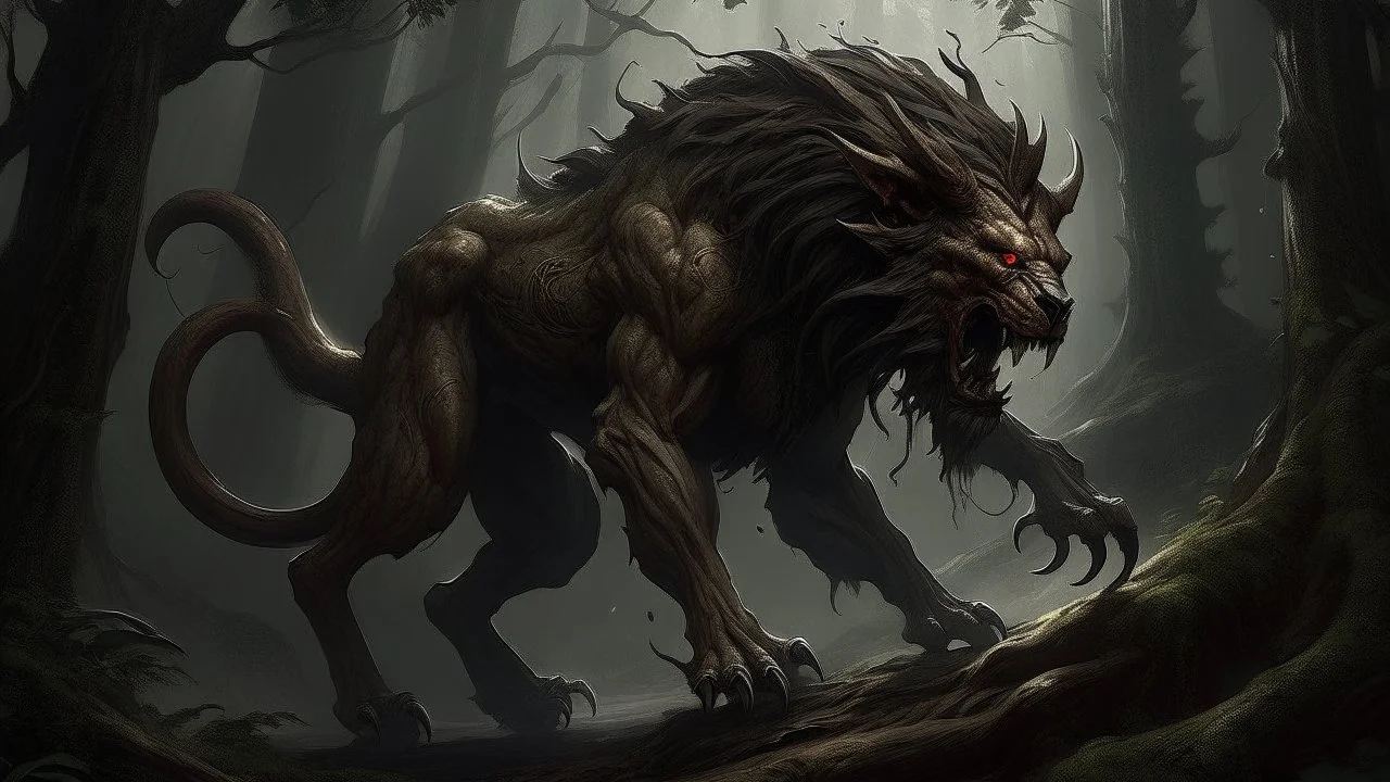 In the depths of a dark and gloomy forest, prowls a strange Cimmerian manticore, whose twisted form is a mix of feline and human features. The main subject of the image is the manticore, a mythical creature with the body of a lion, the wings of a bat, and the tail of a scorpion. The scene is captured in a beautifully detailed photograph, with every strand of hair and pointed tooth painstakingly clear. The manticore's emerald eyes glow with sinister intelligence, contrasting starkly with the snow