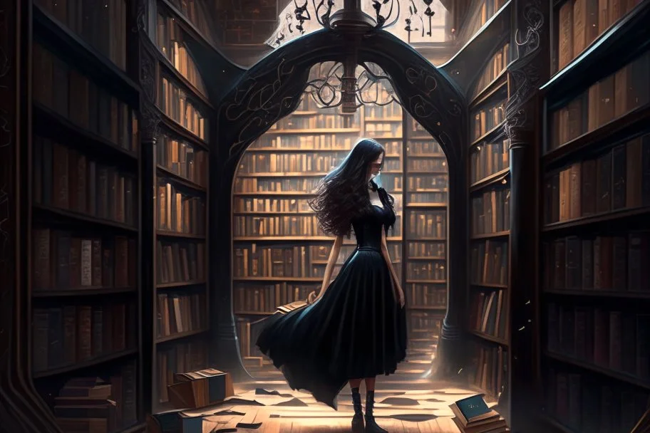 full-height shot of a woman in a tight black dress, inside a large magic book shop, books, bottles, windows