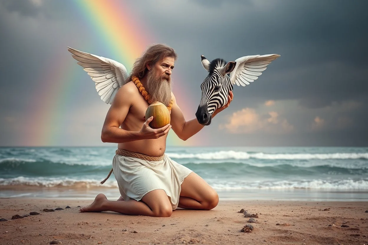Charon on his knees on the shore holding coconut wearing crying angel zebra holding his head with rainbow background