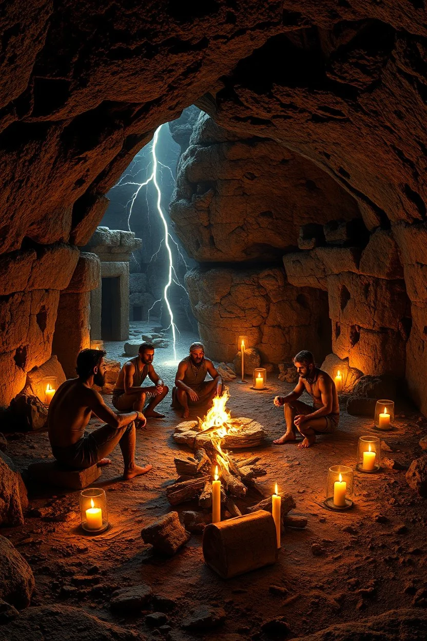 Stone Age men sitting around fire in a cave underground supernatural paranormal abandoned desolated ancient monuments candles night nighttime view unreal engine beauty beautiful the render photography sharp sharpness light lightning effects realistic surrealism surrealistic future futuristic fantasy fantastic artificial intelligence ai digital art artistic artwork wallpaper portrait legend legendary imagine imagination epic iconic cool wow artist mysterious aura atmosphere adventure interest