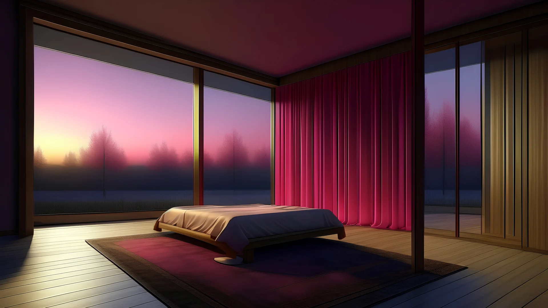 Perspective three-dimensional fu angle: On the right side are three windows, elegant and neatly framed. The curtains are opened and the windows are closed. Outside the window is a dark grassland at night. Inside the window is a warm and comfortable room with wood grain floors and dim light. On the left is a comfortable bed with a pink carpet under it. The bed There are bedside lamps on both sides of the room, and three high-quality, comfortable velvet sofa chairs are placed in the room.