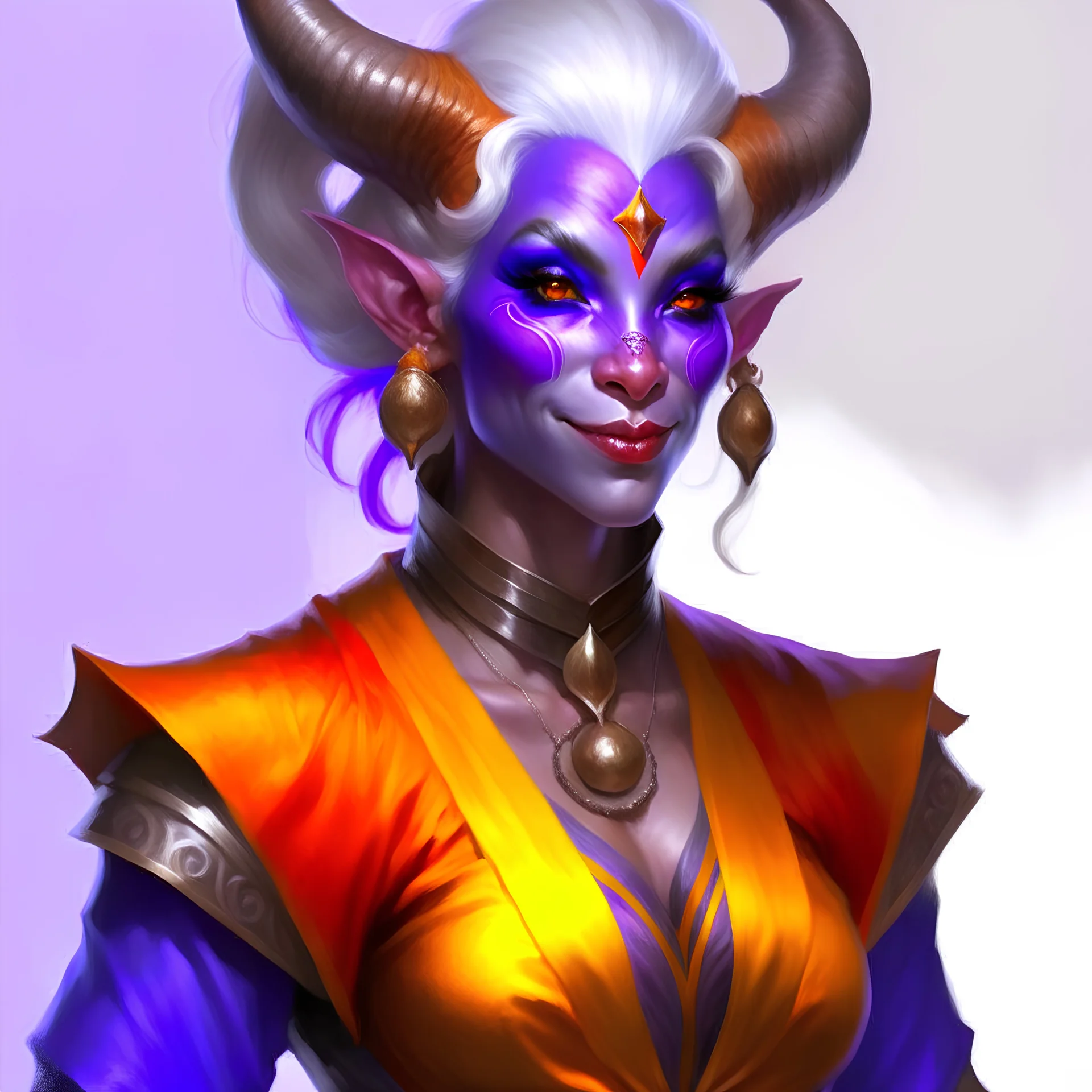 A tiefling (d&d race) quite old. She is a woman with purple skin, gray hair and orange eyes. She has two horns similar to those of a bull. She wears many jewels and is dressed elegantly. She must be in American comic-book style.