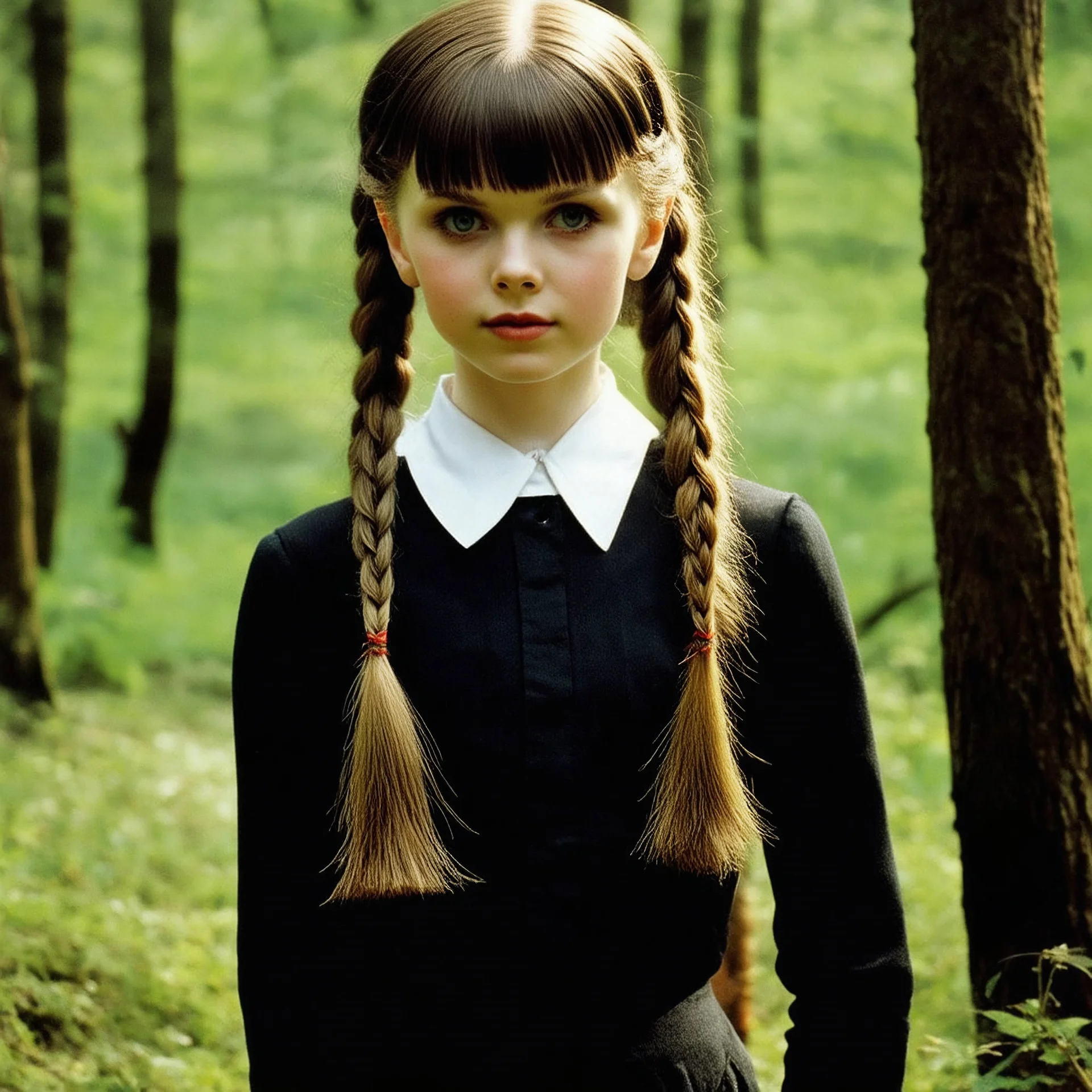Young brigitte bardot as Wednesday addams, braids, bangs, in tge woods