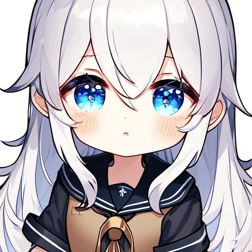 Clear focus, High resolution, long white hair, hair between eyes, straight long locks, sparkling blue eyes, wearing a sailor uniform, wearing a sailor skirt, wearing a brown vest, cute, 1girl, fluffy hair, cute, chibi, cartoon, rough line art, white background