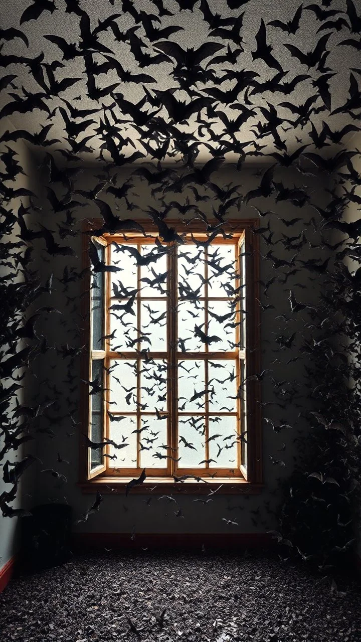 A room full of flying thousands of bats everywhere on a the walls , ceiling, coming all from an open window