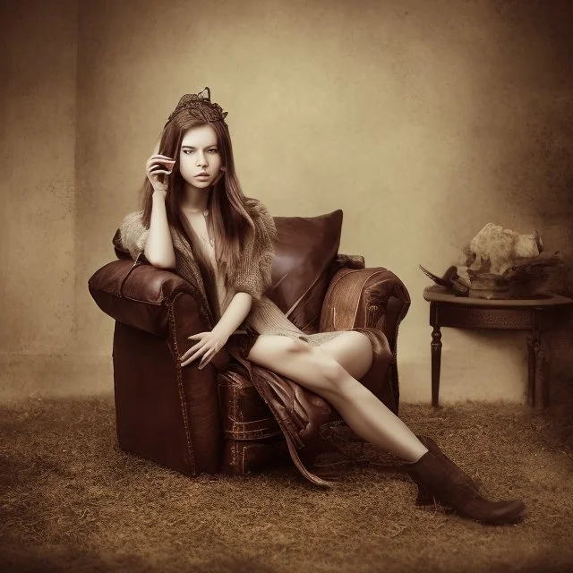 photography national geographic style girl sits on leather armchair.