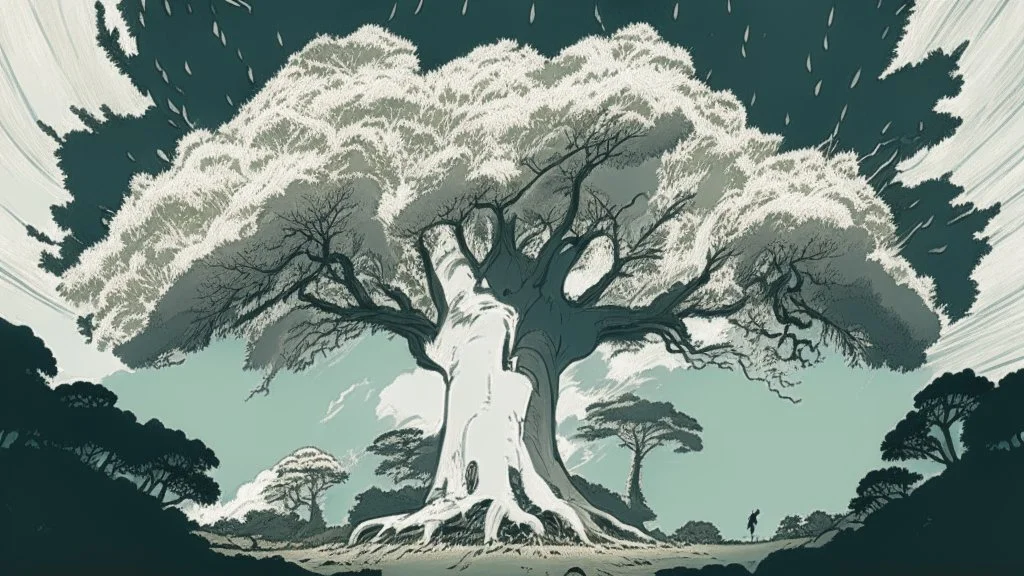 Giant white tree in a small sized forest reaching in to the sky. comic style