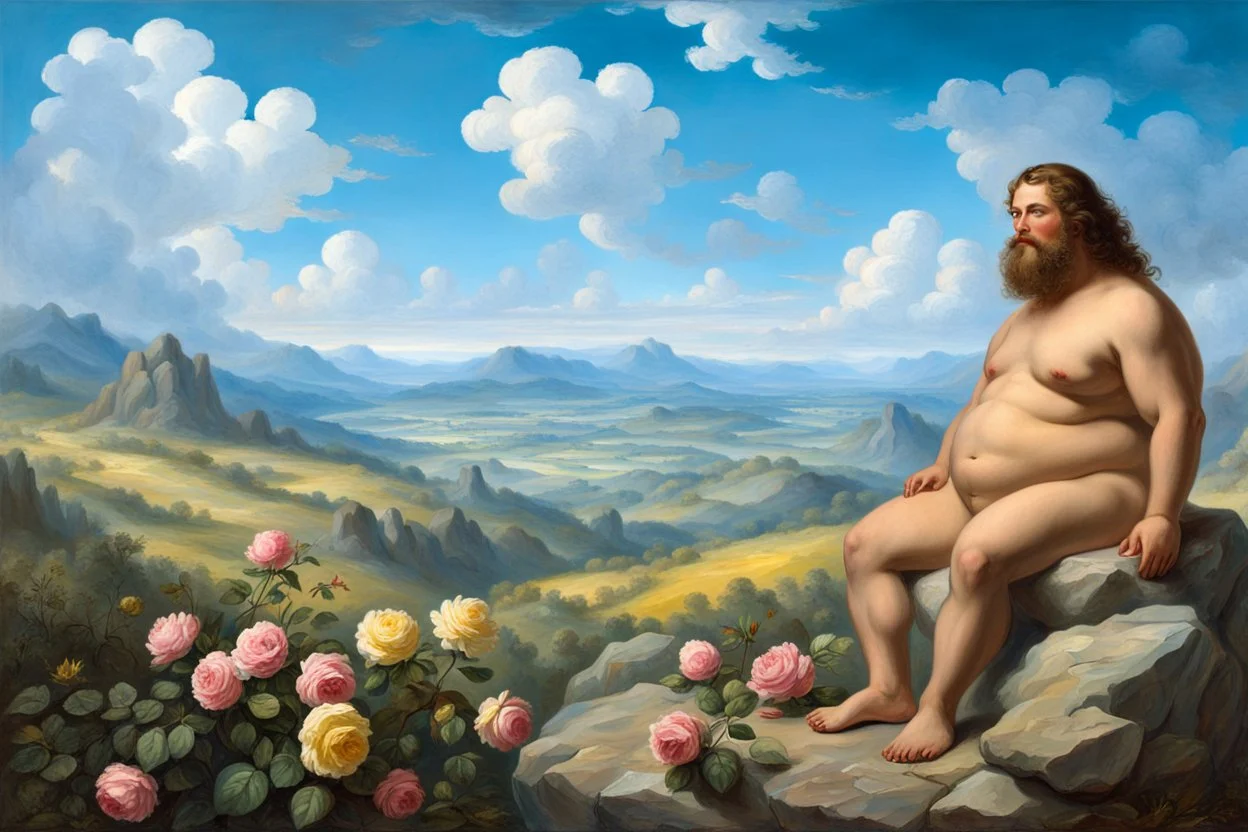 a handsome, fat man with a well-groomed, bearded face and long, curly hair. He is sitting naked on a rock, surrounded by a picturesque valley adorned with pink and yellow rose flowers. The spring sky above is adorned with breathtakingly beautiful clouds. like oil paintings 19th century