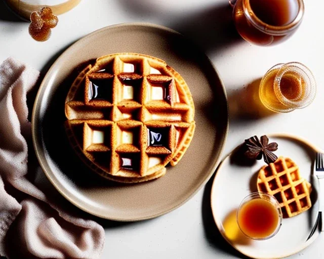 Round waffle with maple syrup plate, plaid napkin fork butter