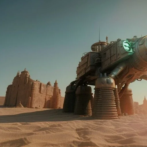 3d rendering. Steampunk futuristic yellow monster machine. Buried in desert sand. Lost in Time, dramatic lighting, blue Lut, hyper realistic, cinematic lighting