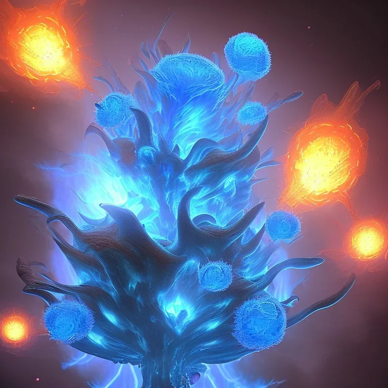 Spherical Frost metal magic armoured lightning Mycelium giant blob MUSHROOM flower erupting with BLUE FLAMES hellfire abyss stars SPACE lANDSCAPE