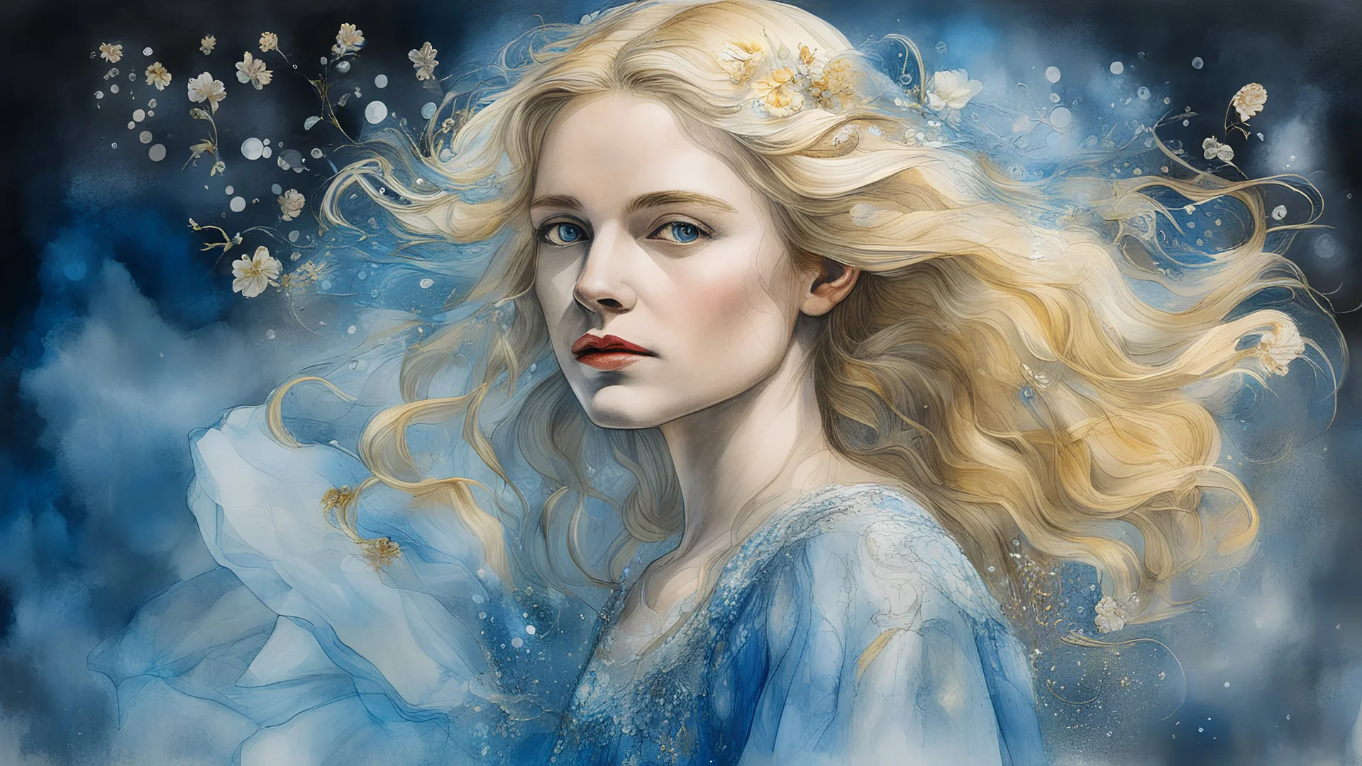 Middle Ages, fine charcoal drawing, watercolor, gouache, acrylic, portrait of a beautiful blonde 20 years old, airy dress, double exposure, fantasy, water, blue, loose hair, flower, glare, sparkles, gold, clear lines, high resolution, 3D , photorealism, precise focus