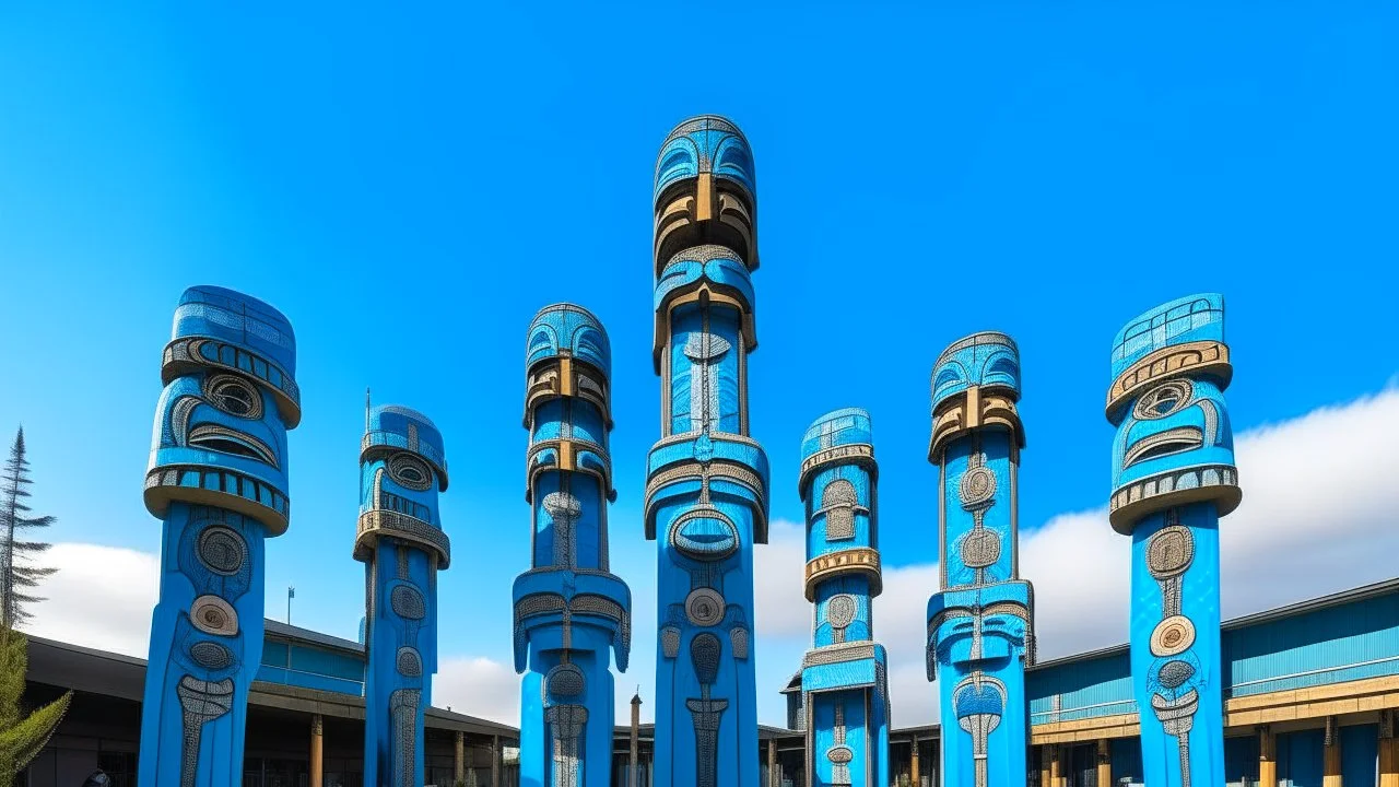 A giant radiant sky blue theatre with Pacific Northwest totem poles