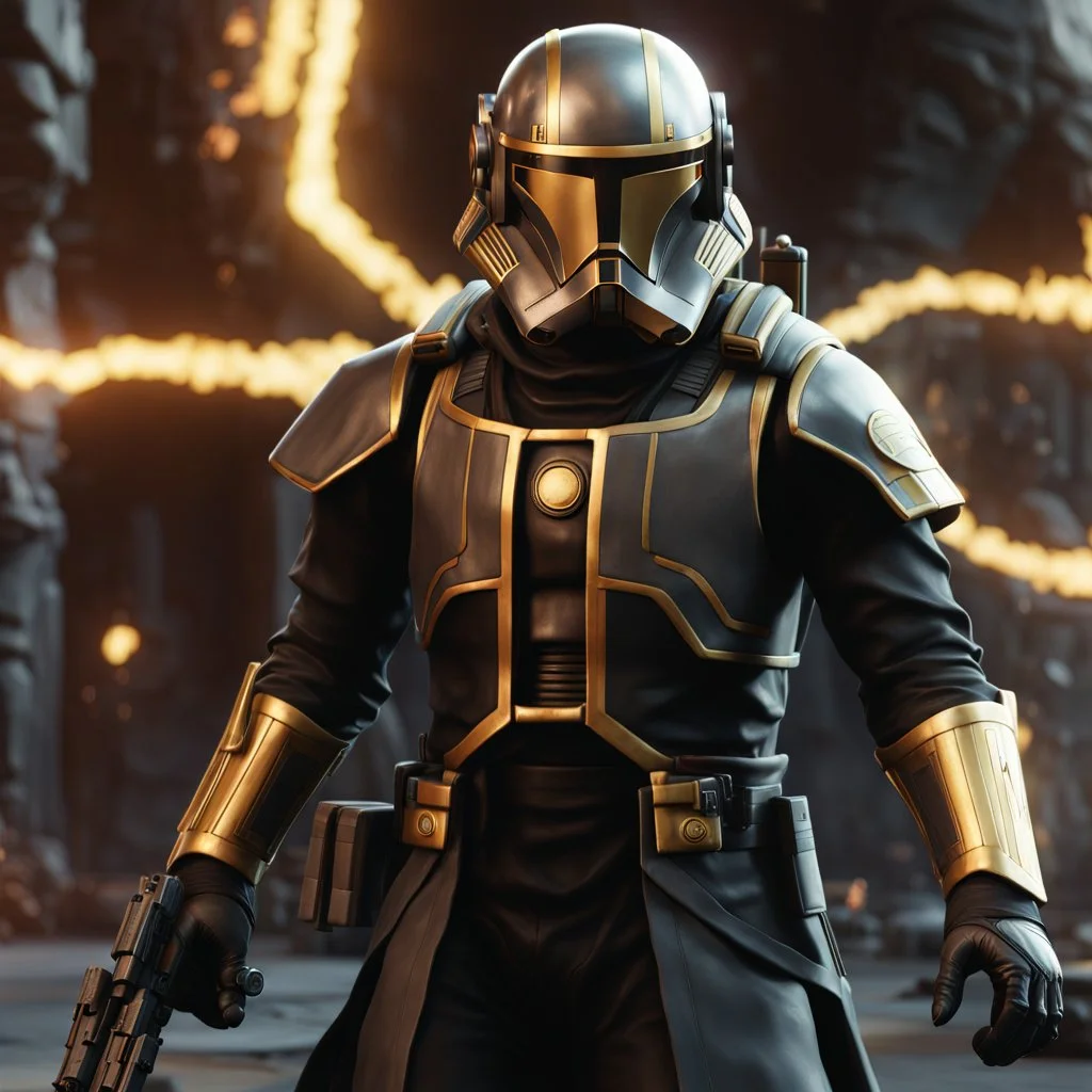 star wars bald male corellian pilot wearing pearlescent black and gunmetal grey First Order special forces heavy assault stealth commando armor and helmet with gold trim inside the jedi temple, hyperdetailed, dynamic lighting, hyperdetailed background, 8k resolution, volumetric lighting, light skin, fully symmetric details