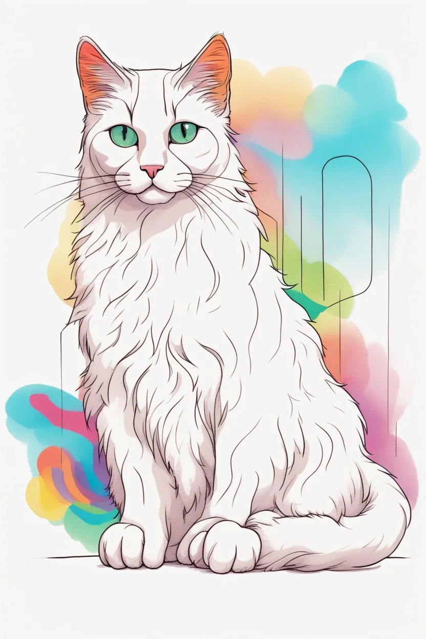 A fluffy feline friend, dressed in a vibrant rainbow sweater, sitting on a pristine white background, with delicate black line art and clean, crisp outlines.