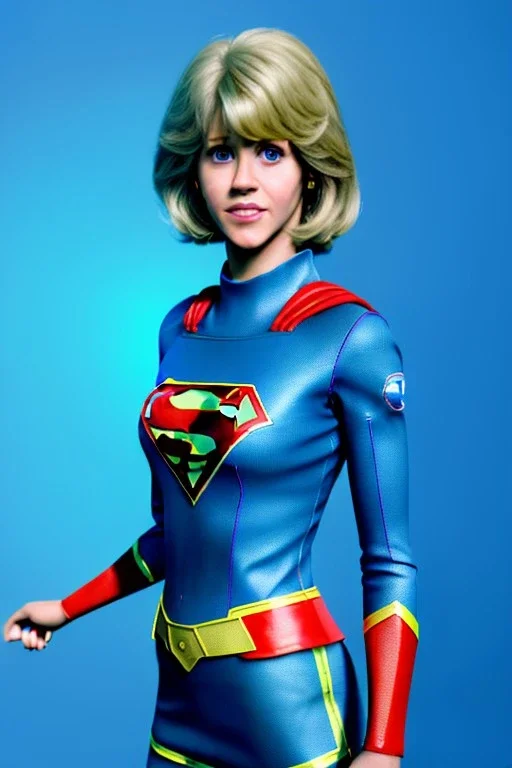 portrait, teenager, Jane Fonda, make-up, happy, dildo advertising, Realistic image, 60s, supergirl, tights minimal dress, sweat, Color background, photo studio, concept art, smooth, unreal engine 5, god lights, ray tracing, RTX, lumen lighting, ultra detail, volumetric lighting, 3d, finely drawn, high definition, 4k.