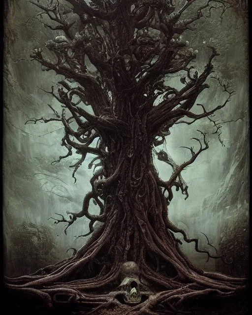 A beautiful highly detailed ancient tree with ornate intricate demon skulls grown into it, sticking out in random places, some screaming, some with glowing eyes, horrorcore made of shiny obsidian glass :: reflective, glassy :: subtractive lighting, backlit :: by John William Waterhouse, Greg Rutkowski, HR Giger :: hyperrealistic, hyper detailed, photorealistic :: epic, incredible composition, amazing depth, meticulously composed, 16k resolution concept art :: fantasy magazine cover art