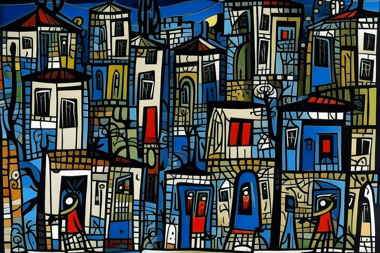 A black village in a shadow realm designed in ancient Egyptian hieroglyphics painted by Jean Dubuffet