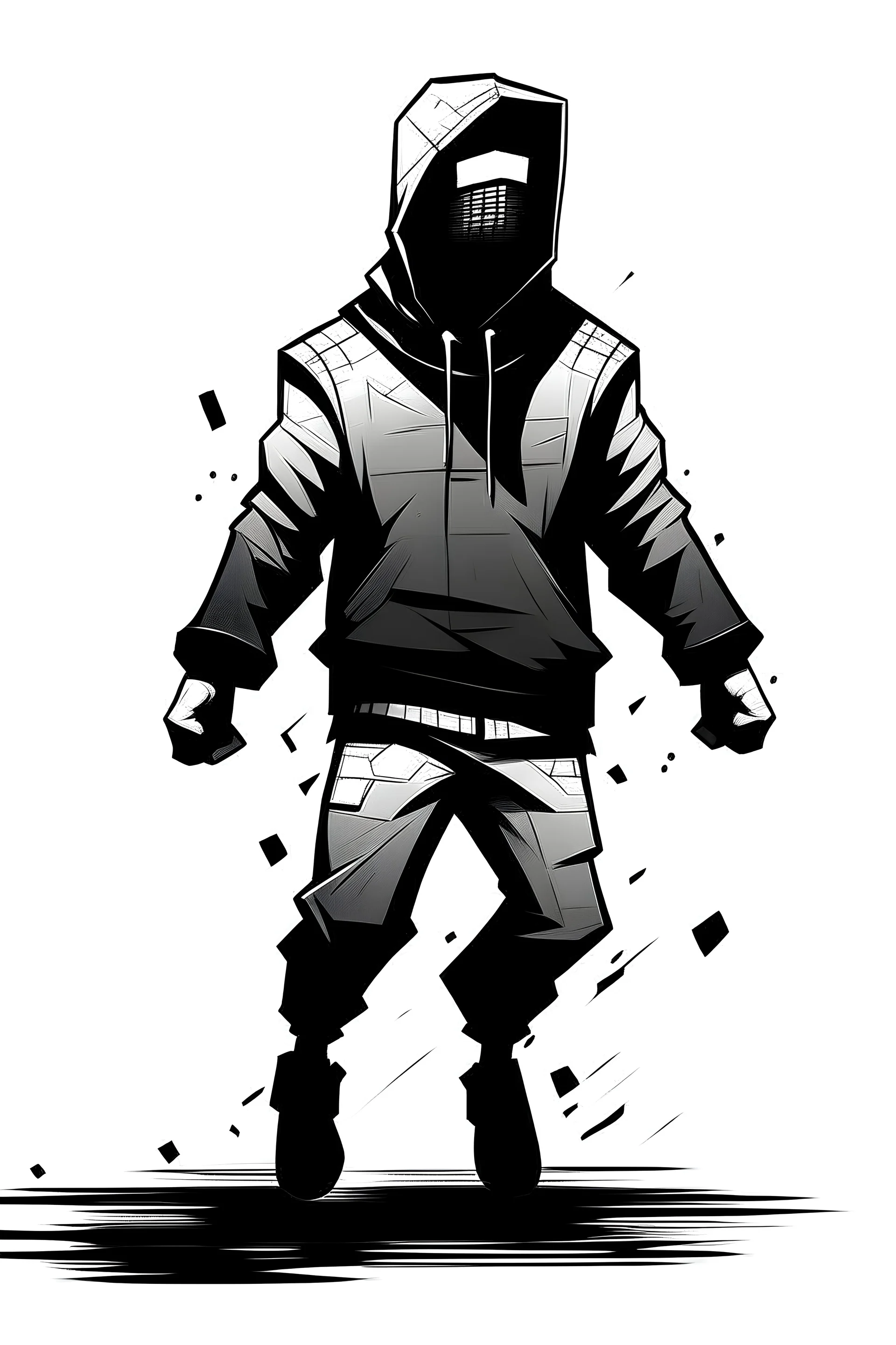 Just shoulders man with no head, headless, without head, only arms, body and legs 8-bit drawing platformer game character running to the left with arms out, everything black and white except the hoodie
