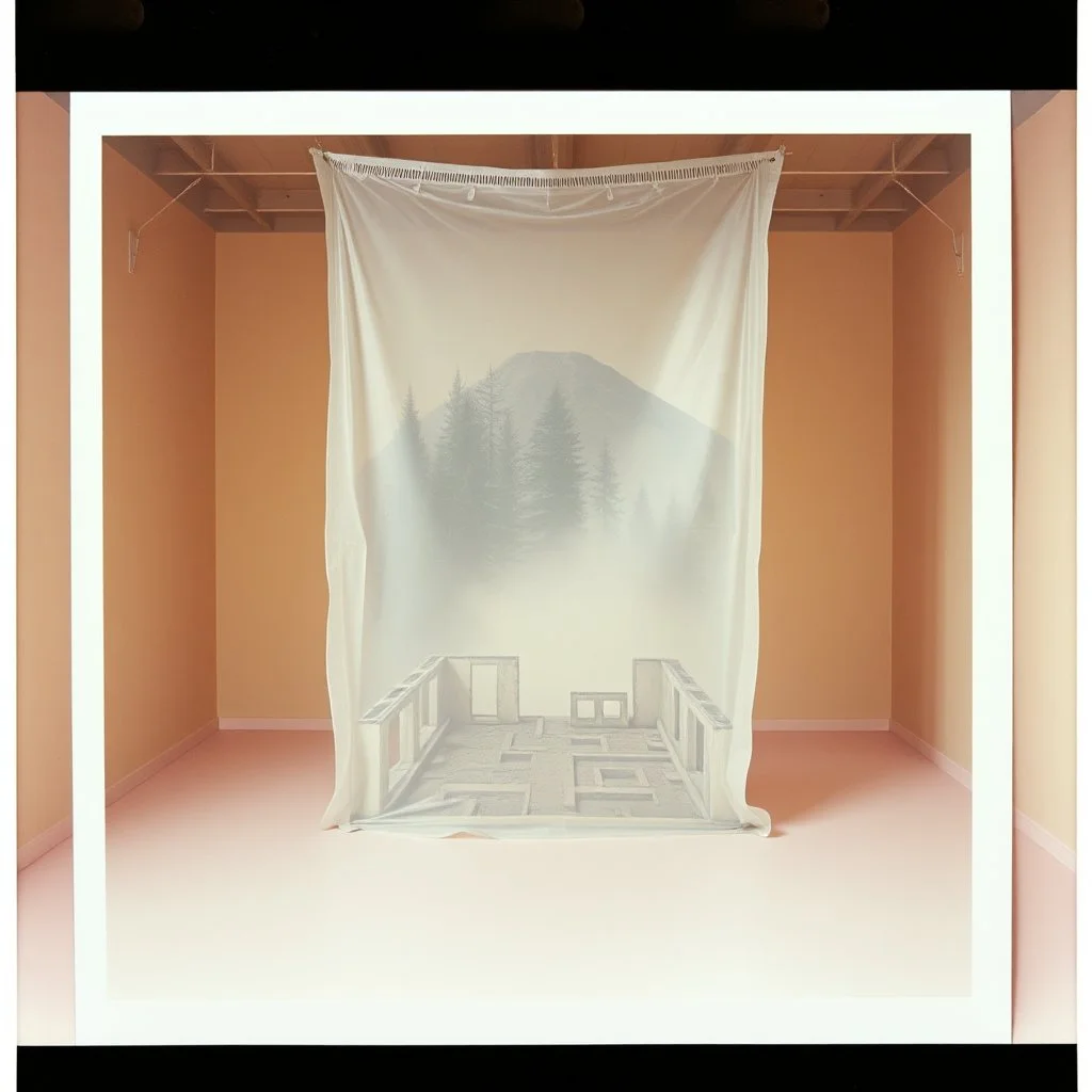 A polaroid photo of an odd room with structures. A transparent tarpaulin covers an image resembling a ruined building. There is a group of fir trees in the background and a high hill in the distance. The surface below is in a pastel color. Fog is present.