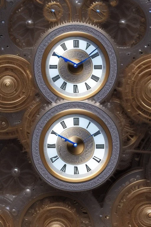 3d mandelbulb 3d fractal with real silver gears of mechanical clock with 12 beautiful realistic girls dancing in clock numbers in beautiful color full space