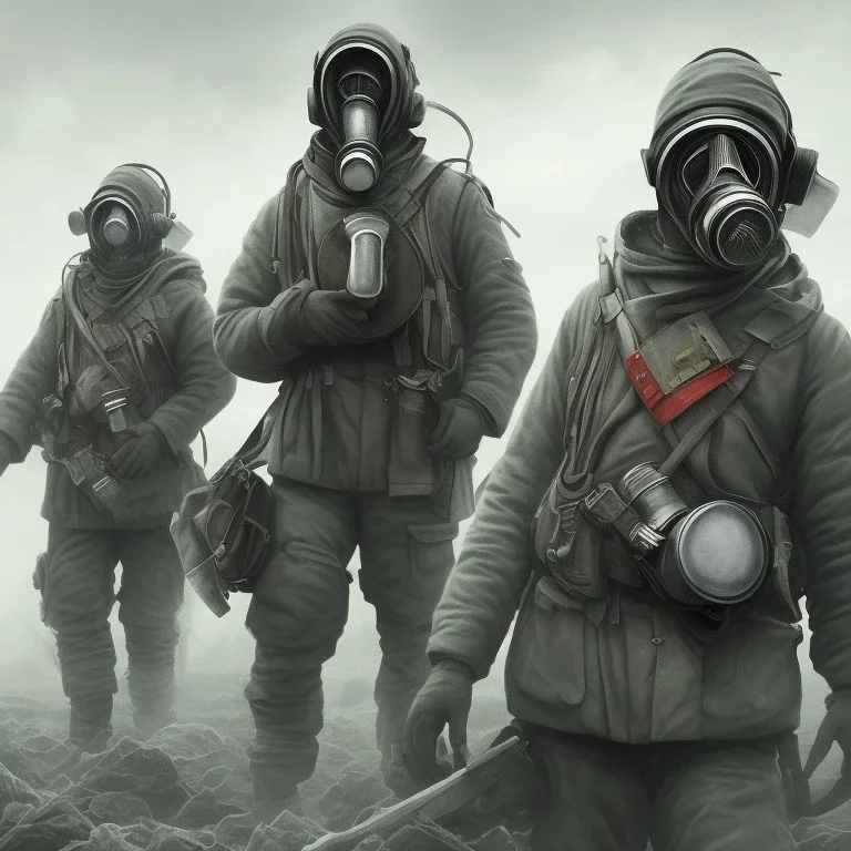 3 hommes en uniformes russes 2022, masque à gaz, 4k, réaliste, paysage dévasté explosion nucléaire en fond, couleurs vives