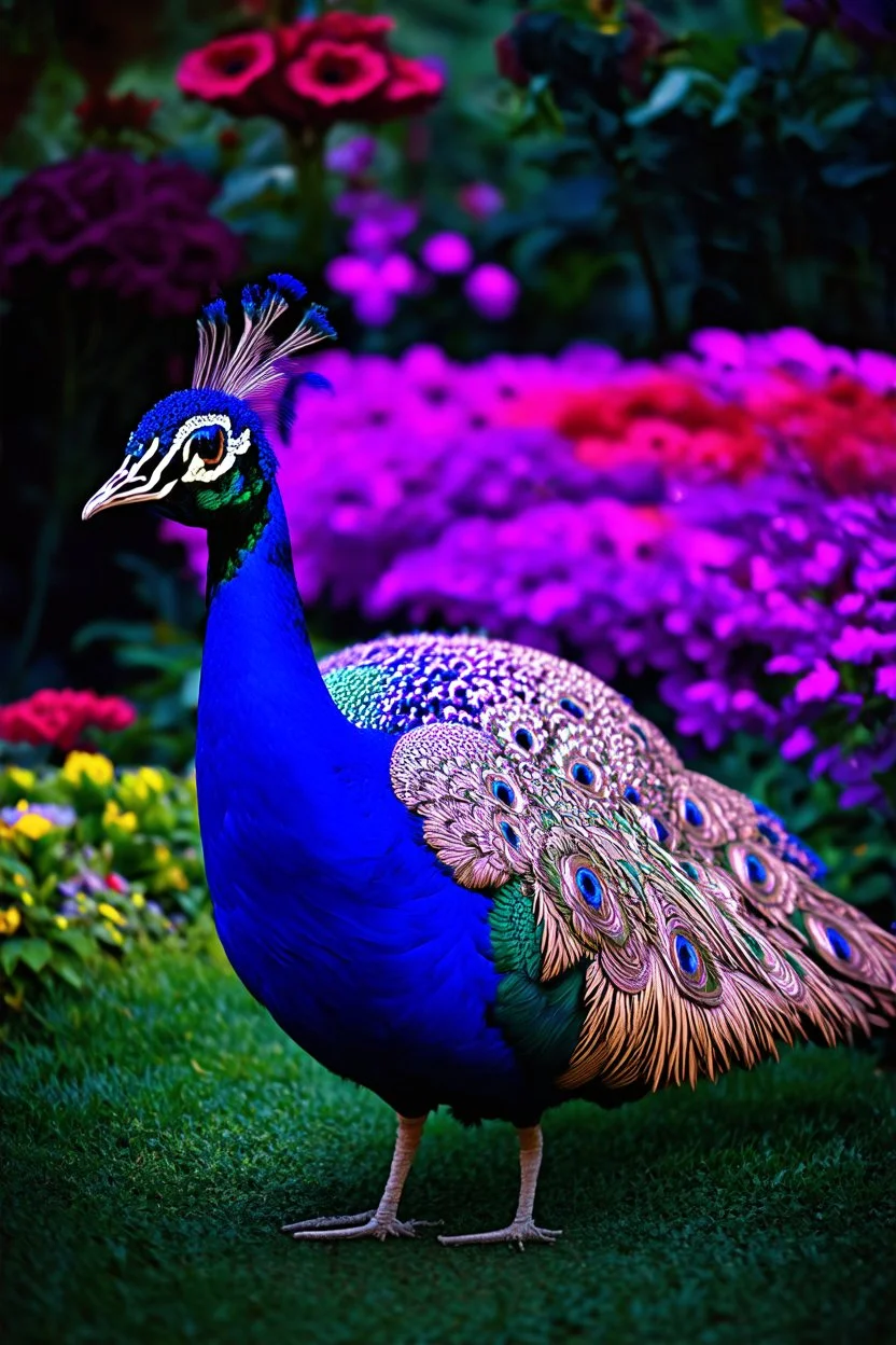 A (((vividly glowing purple neon peacock))), intricate details and ornate patterns, in a beautiful garden