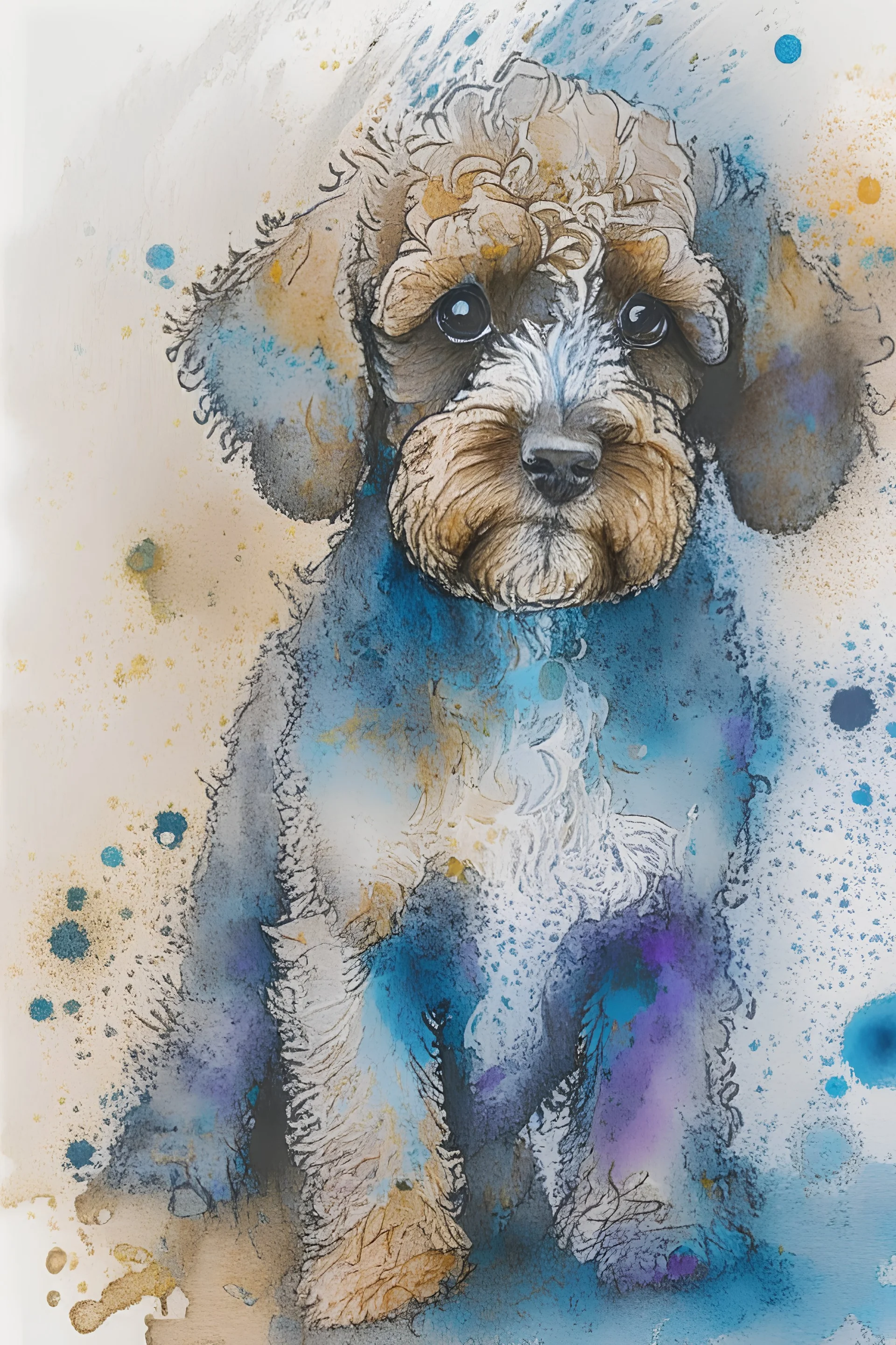 Abstract wet watercolour of a cockapoo, ink lines, splashy background, bifurcated circles, detailed,focus on eyes, watercolour paper