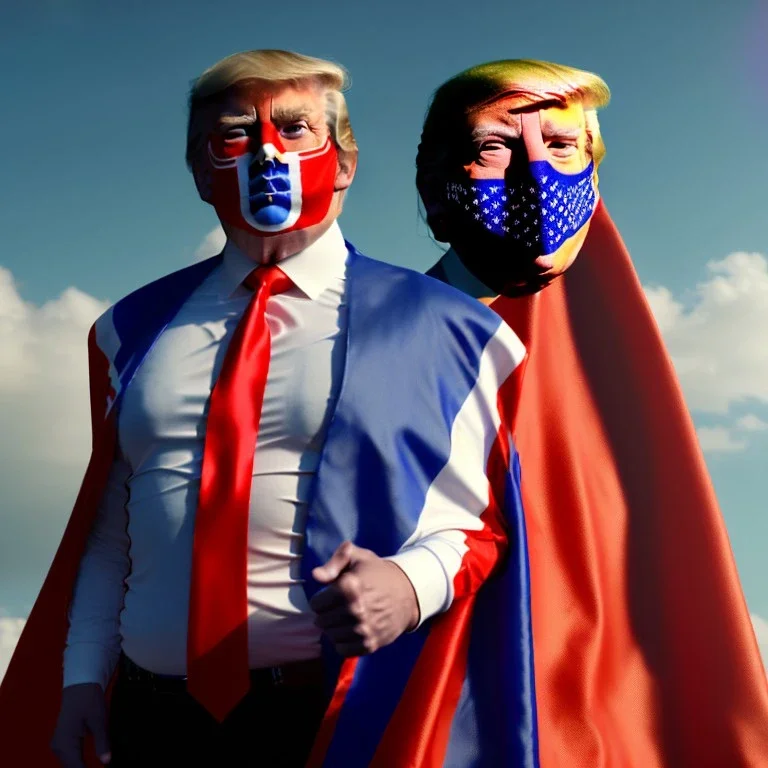 realistic image of donald trump as a mexican wrestling fighter posing outdoors, Mexican eyes wrestling mask, red and blue breeches, confederate flag cape, retro style, 80s, vibrant color, highly detailed, sky background, concept art, unreal engine 5, god rays, ray tracing, RTX, lumen lighting, ultra detail, volumetric lighting, 3d, finely drawn, high definition, high resolution.