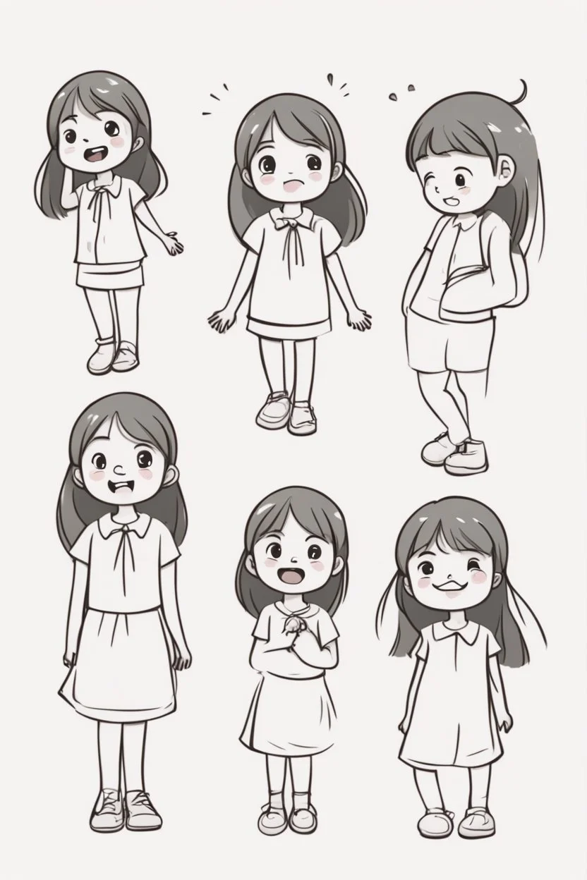 Little girl characters expressing different emotions, such as happiness, surprise, and curiosity. Use heart shapes to depict various facial expressions.,very happy , Colloring page for todlliers ; basic hawali style cartoon , black and white , ink outlines , , smooth , anime style , minimalist , cute eyes , full body , white shose , sketchbook , realistic sketch , free lines , on paper , character sheet , clean line art high detailed