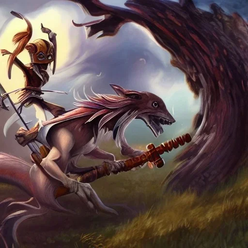 Fantasy image,d&d, medievil warrior running awsy from a Giant squirrel