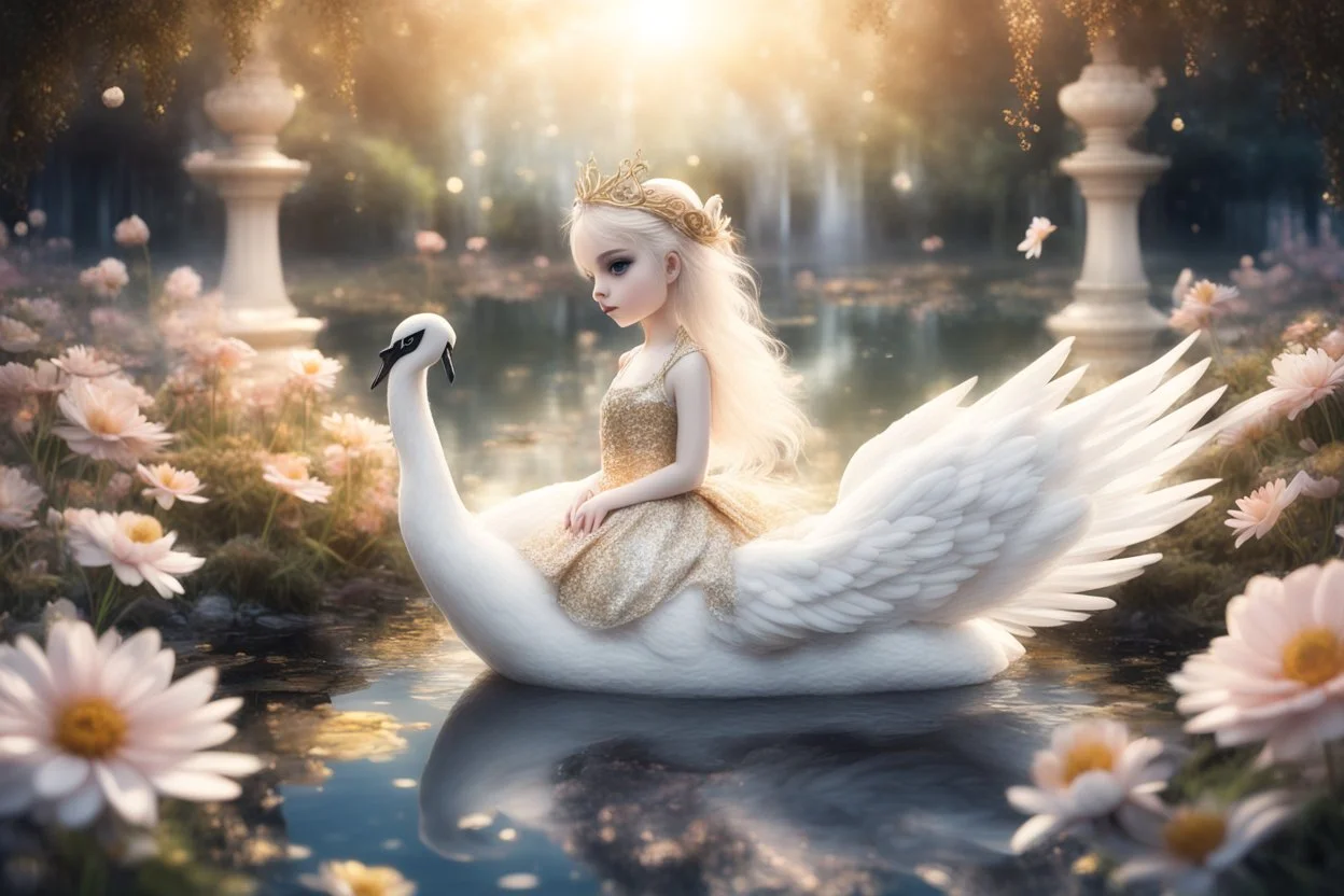 beautiful swan and cute chibi princess in a flowergarden with beautiful flowers, pond, in sunshine, H.R. Giger, anime, steampunk, surreal, watercolor and black in outlines, golden glitter, ethereal, cinematic postprocessing, bokeh, dof