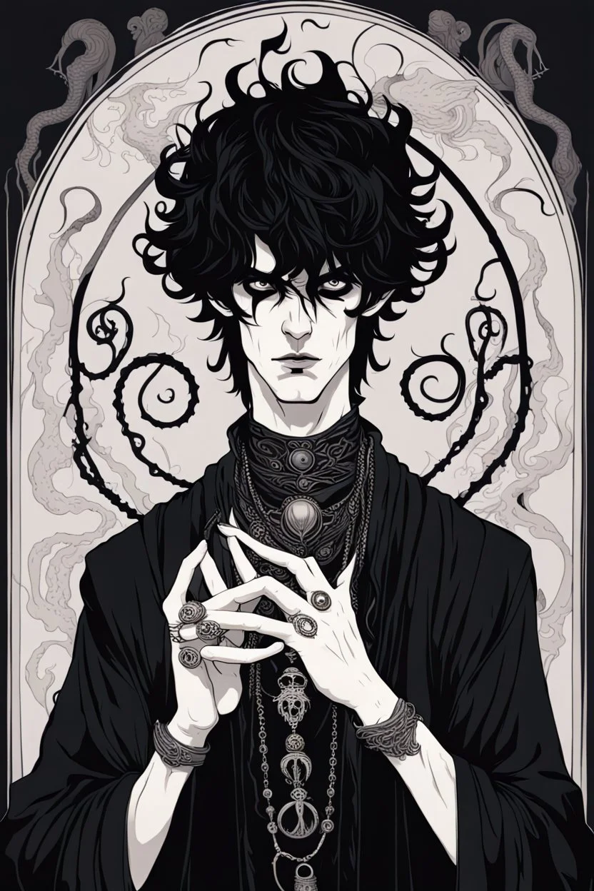 black haired young man necromancer wizard with gothic jewelry and tentacle fingers in the style of Aubrey Beardsley