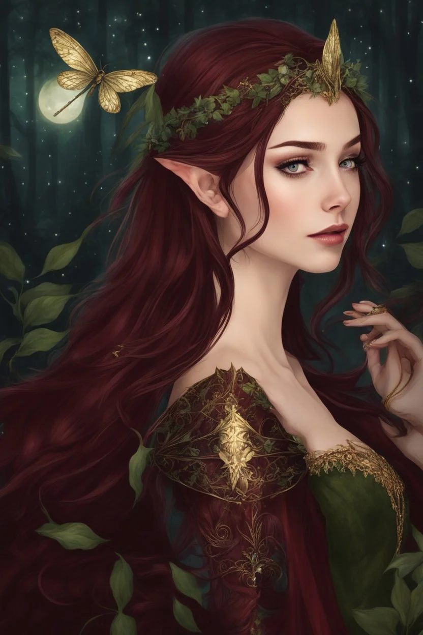 Burgundy hair, dark hair,dark red , rapunzel hair,very long hair,dark fairy princess,elven crown,night,dragonflies,beautiful,ong ashes,golden armor ,sparkle,night blooming,ivy,dark green,lilly of valley,golden elven crown