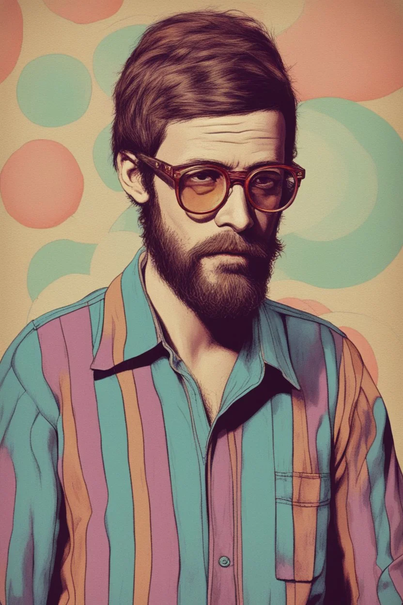 post punk hippie with glasses of colours and poor and short short short and poor hair on the head with receding hairline. Farsightedness glasses with big eyes. Shirt beard in the head. Vintage look and feel like photo style-of the 70s