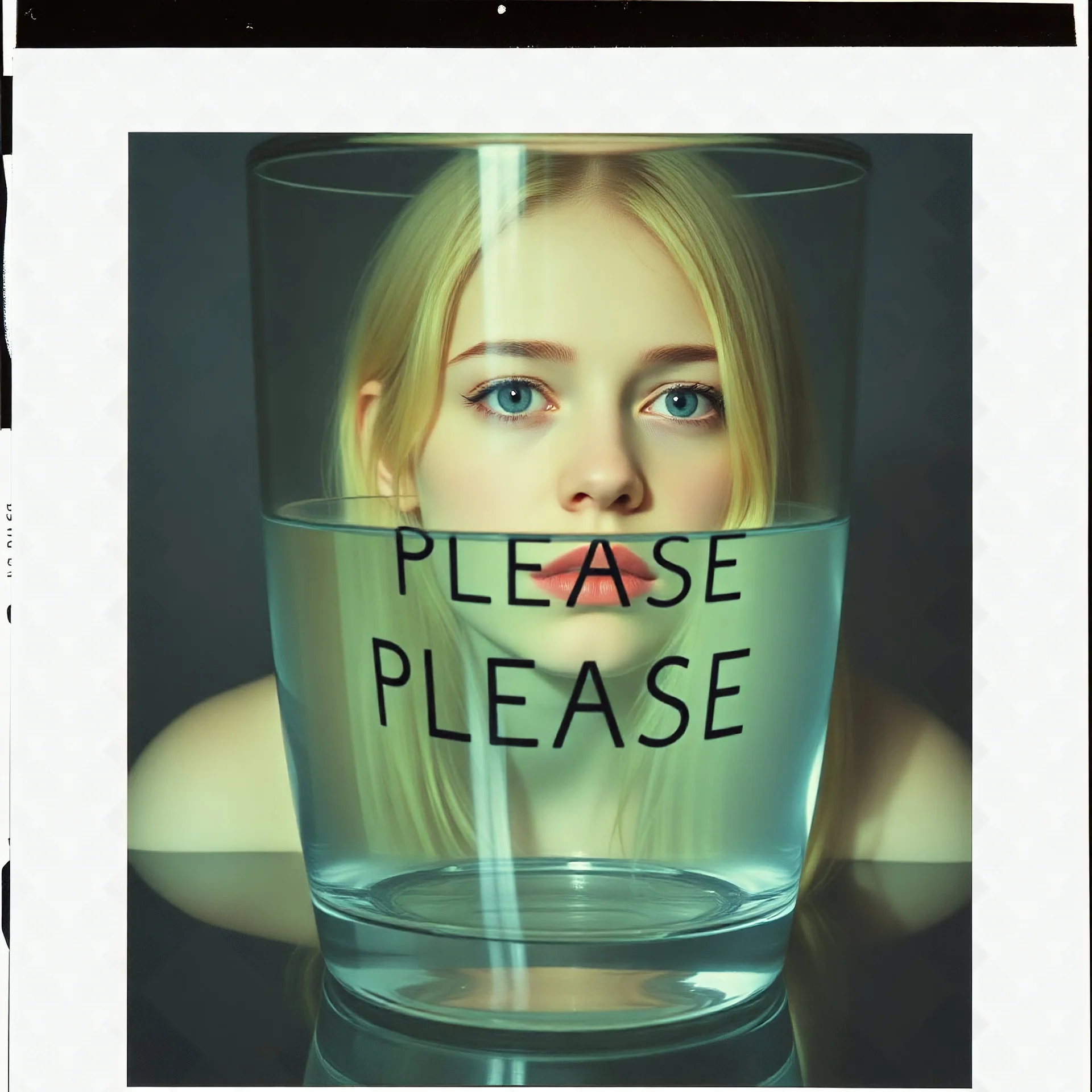 a young sad woman who looks like blond elle fanning, trapped in a giant glass of water where is it written "PLEASE", surreal, liminal atmosphere, polaroid
