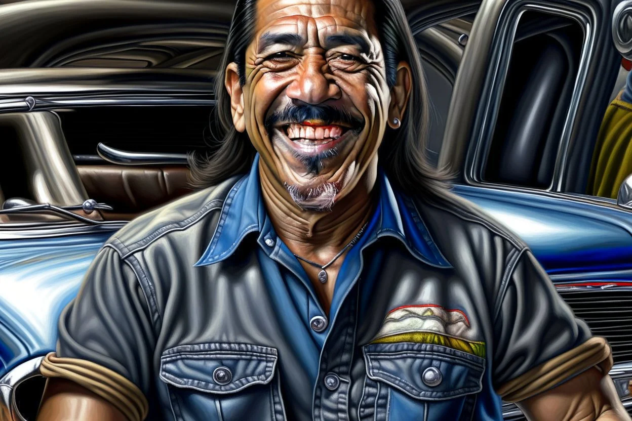 Fotorealistisch Danny Trejo breit grinsend mit offenem Haar in ölverschmiertem Mechaniker Overall fährt Muscle Car