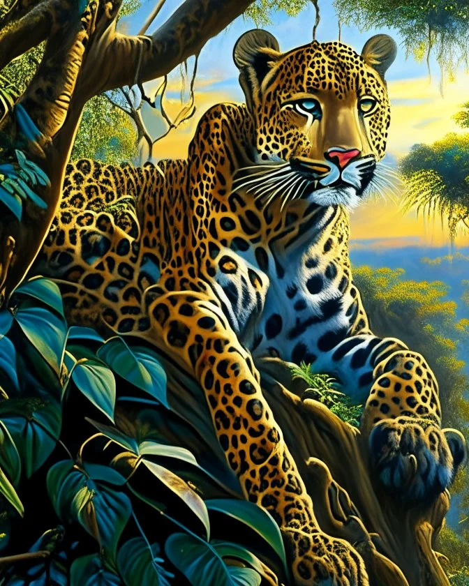 Leopardo en la Selva cuerpo completo árboles detallados elegante obra de arte colores contrastantes pintura al óleo detallada hiperdetallada impactante intrincada sombra realista iluminación cinematografica 8k cielo soleado nubes coherente cuerpo completo