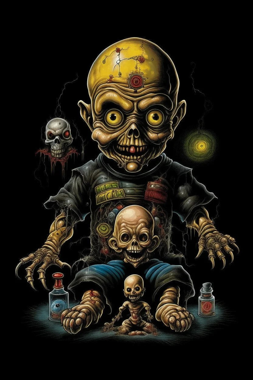 Science experiment Horror Doll by Richard Corben, Todd Schorr, T-Shirt Design, Black Background