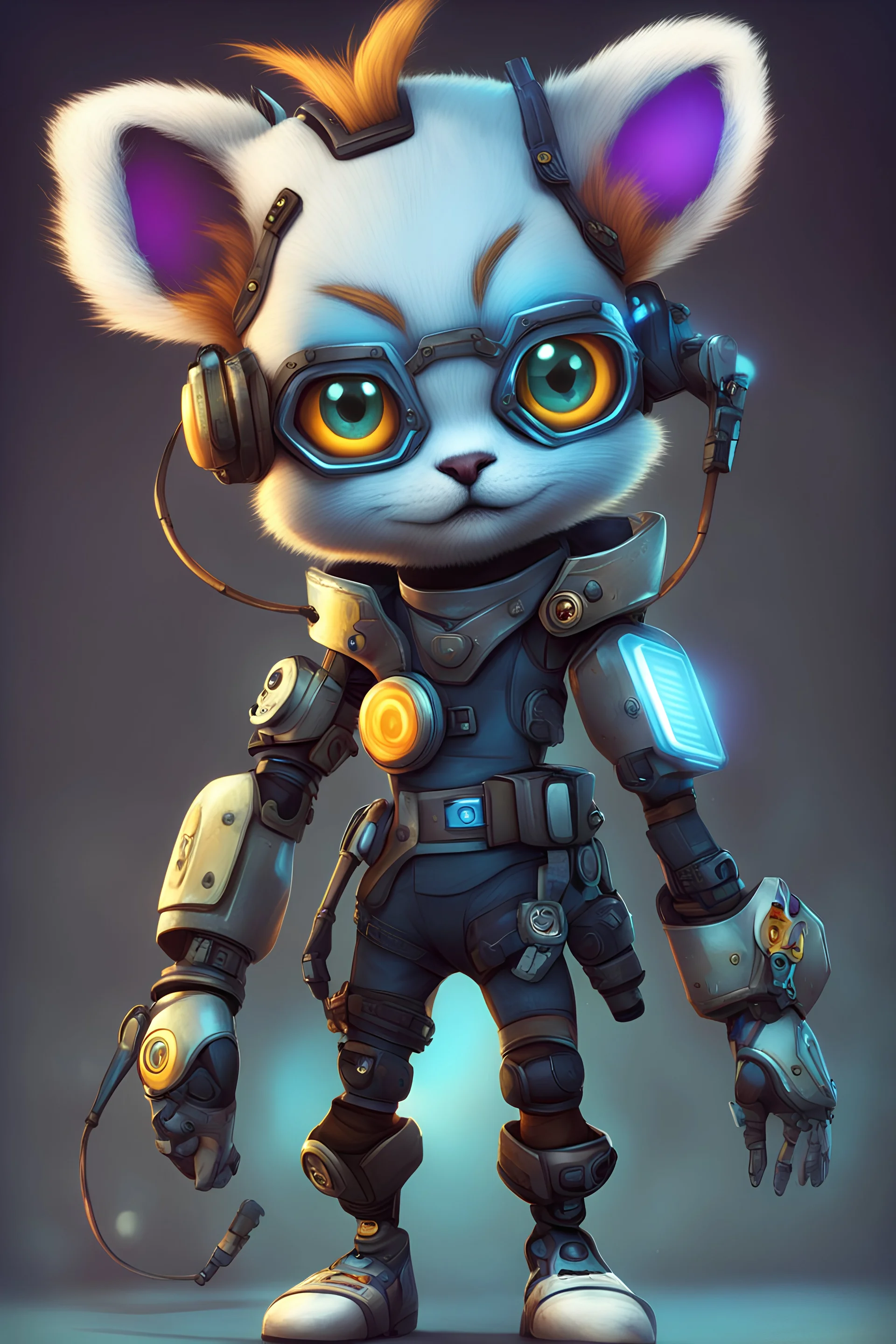 i'd like a cartoon cyberpunk ragdoll in the style of ratchet and clank, not a human but anthropomorphic