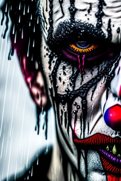 ultra detailed and highly realistic image of a gothic, scary clown, close up of him standing in the rain, the rain messed up his face makeup as it smudged of his face, chaotic, dramatic upclose view, 32k, splatter paint style